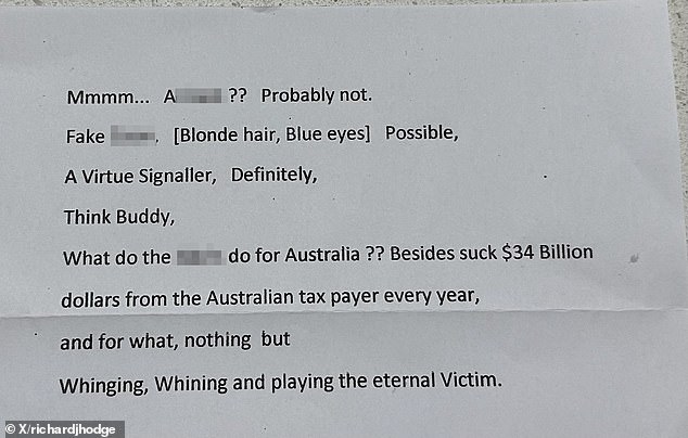 Dr.  Hodge was shocked to realize the letter (pictured) had been sent to his home in Sunbury, Victoria from the Brisbane suburb of Northgate, 1,800km away.