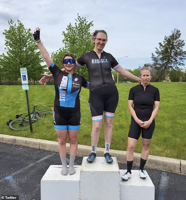 Tara Seplavy, center, pictured on the podium after winning a bicycle race in Pennsylvania.  Maya Brothers, who came in second, was not embarrassed to lose to a trans woman.  But third-place competitor Jaqueline Paull, right, appears to have been offended.