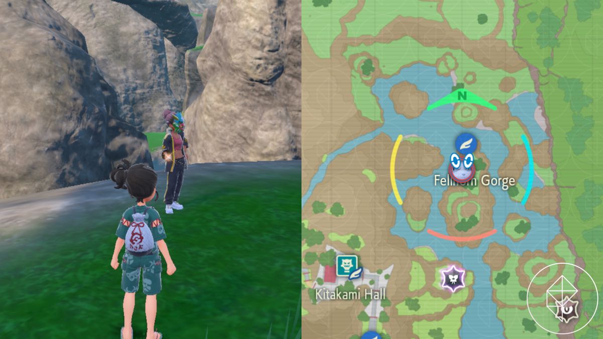 A trainer faces a masked woman sitting on a grassy cliff in Pokémon Scarlet and Purple: The Teal Mask,