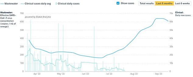 Scientists tracking the spread of the virus by testing wastewater across the country say the number of samples coming back positive has dropped 5% over the past week (shown)