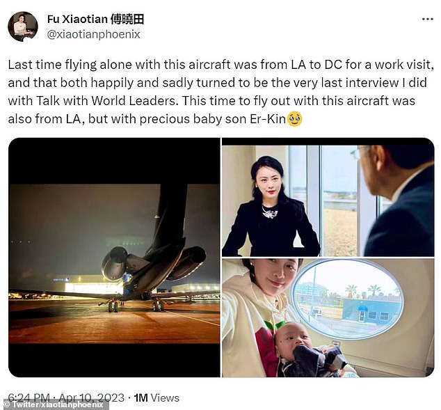 Fu's latest post on X shows her flying somewhere with her baby and interviewing Qin