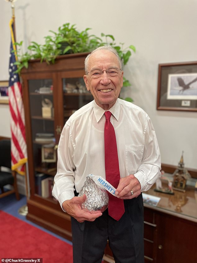 He received a giant Hershey's kiss during his visit to 81-year-old Senator Mitch McConnell's office.