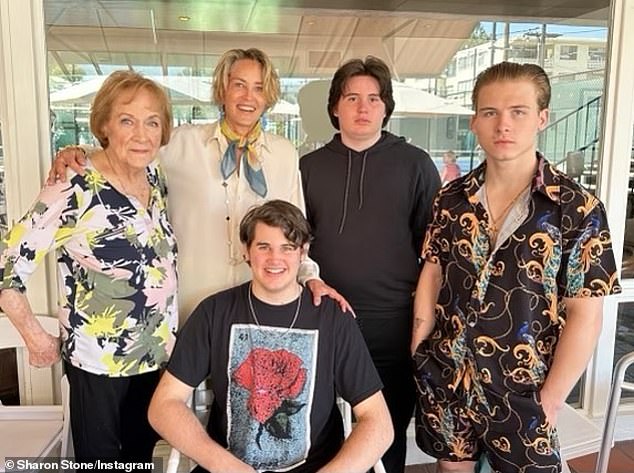 Family portrait from May 14: On a personal level, The Flight Attendant actress is the mother of three adopted sons: Roan Joseph Stone (formerly Bronstein), 23;  Pierre Laird Vonne, 18 years old;  and Quinn Kelly Stone, 17