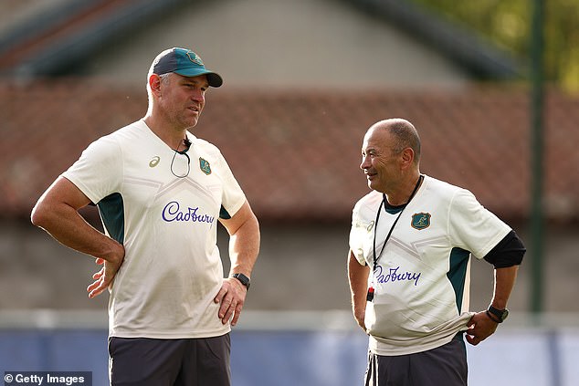 Alan Jones also criticized the Wallabies for using rugby league stars like Jason Ryles (pictured with Eddie Jones in France) in their coaching staff.