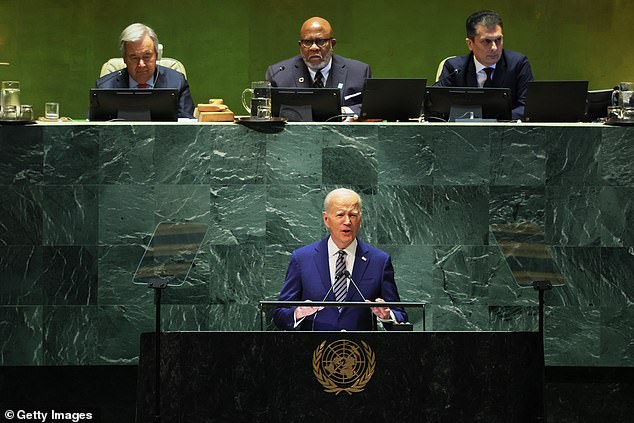 Joe Biden is seen addressing the United Nations General Assembly on Tuesday