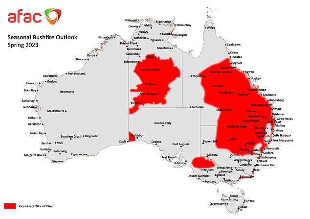 A vast stretch of coastline from Cairns to Sydney, potentially affecting around 10 million people and stretching 1,000km inland, is on high bushfire alert this spring.