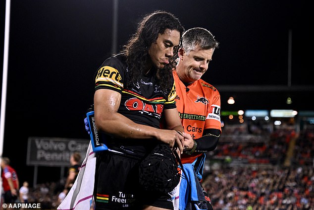 Penrith have won their last five matches against the Storm, who go into the game as huge underdogs - and the inclusion of Panthers star Jarome Luai after recovering from a dislocated shoulder (pictured) will make their task even more difficult.