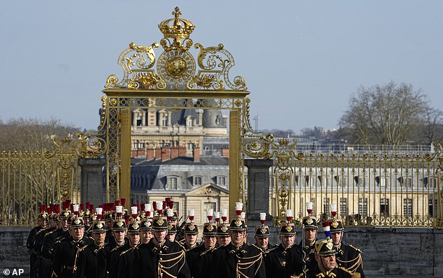 French Republican Guards parade at the Palace of Versailles, in Versailles, west of Paris