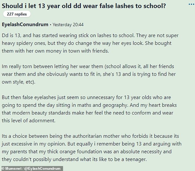 However, the parent didn't want to be too harsh on the child, fearing she would embarrass her daughter as she navigates her own style.