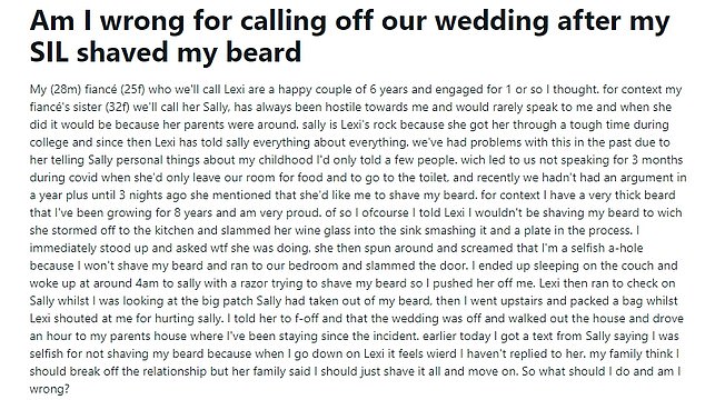 The couple who were due to walk down the aisle had a blazing row before the incident, with the bride-to-be smashing plates and wine glasses because she was told the beard was here to stay.