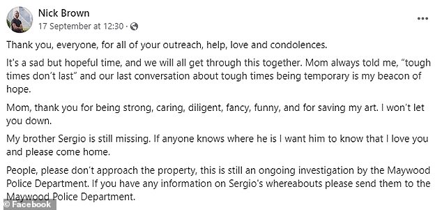 In a Facebook post, Sergio's brother Nick described their mother as 