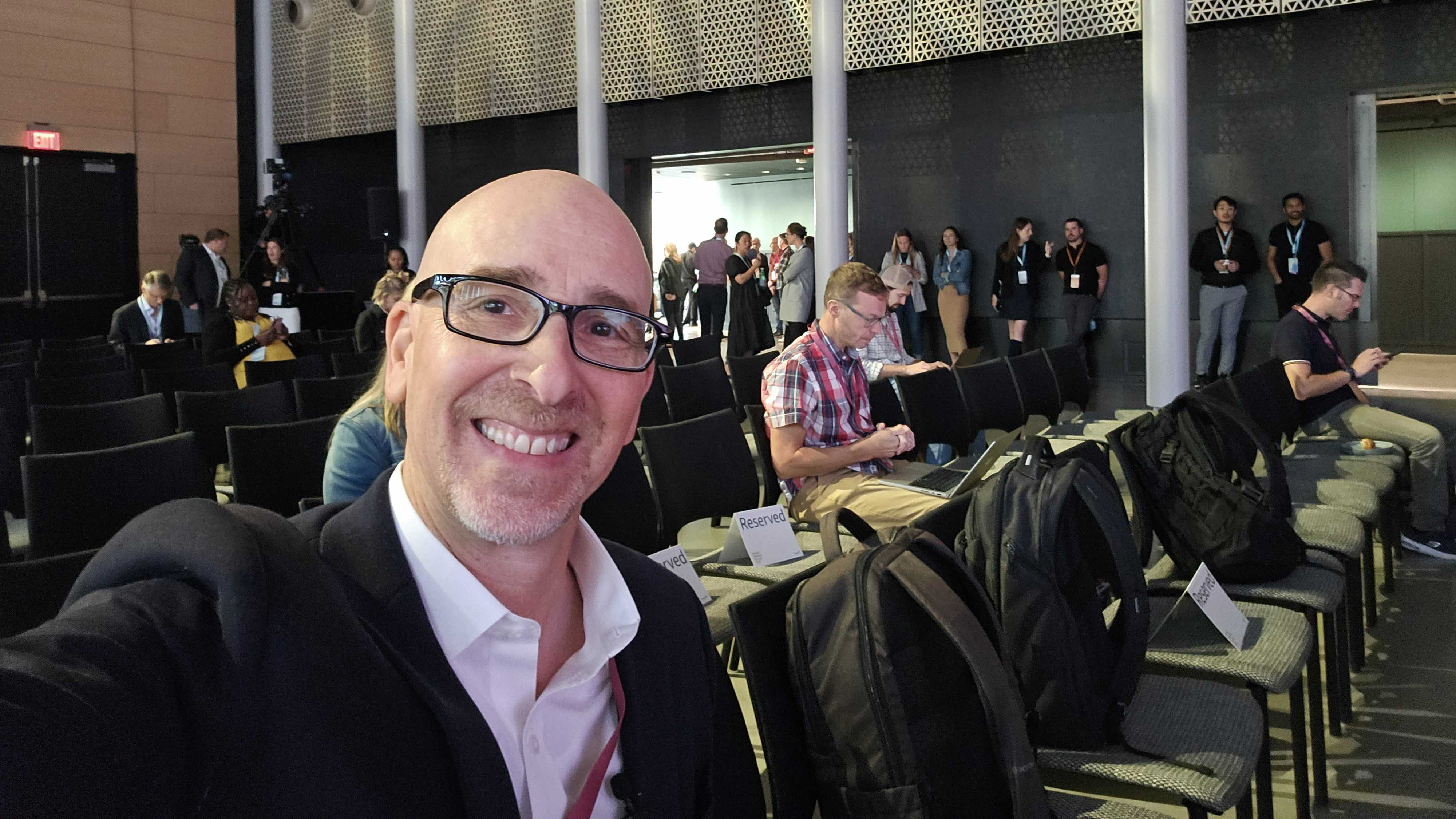 Lance Ulanoff sits in front of the seats at the Amazon event