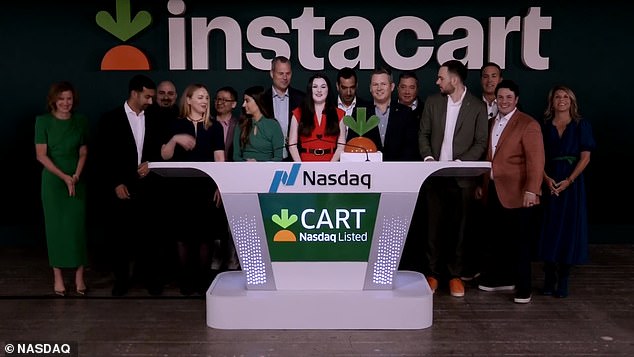 At Instacart's San Francisco headquarters on Tuesday, CEO Fidji Simo and other executives celebrated the IPO by ringing a bell shaped like the company's carrot logo.