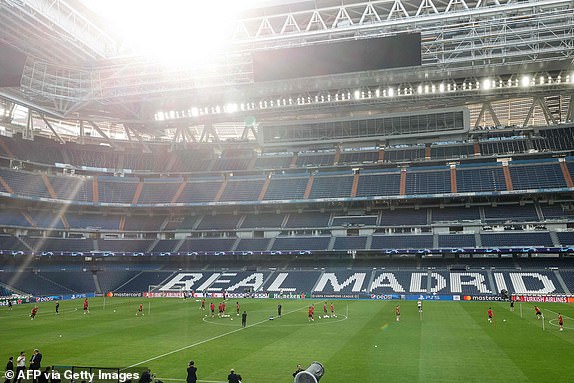 Union Berlin players attend a training session on the eve of the UEFA Champions League football match between Real Madrid and Union Berlin at the Santiago Bernabeu stadium in Madrid on September 19, 2023. (Photo d 'Oscar DEL POZO / AFP) (Photo by OSCAR DEL POZO/AFP via Getty Images)