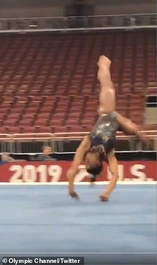 In the clip, the 22-year-old gymnast performs a triple double tuck twist during a workout