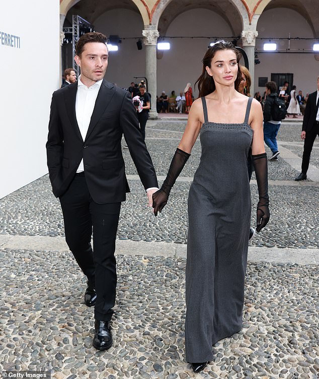 Couple: Ed Westwick and his girlfriend Amy Jackson looked more loved up than ever as they arrived at the show holding hands