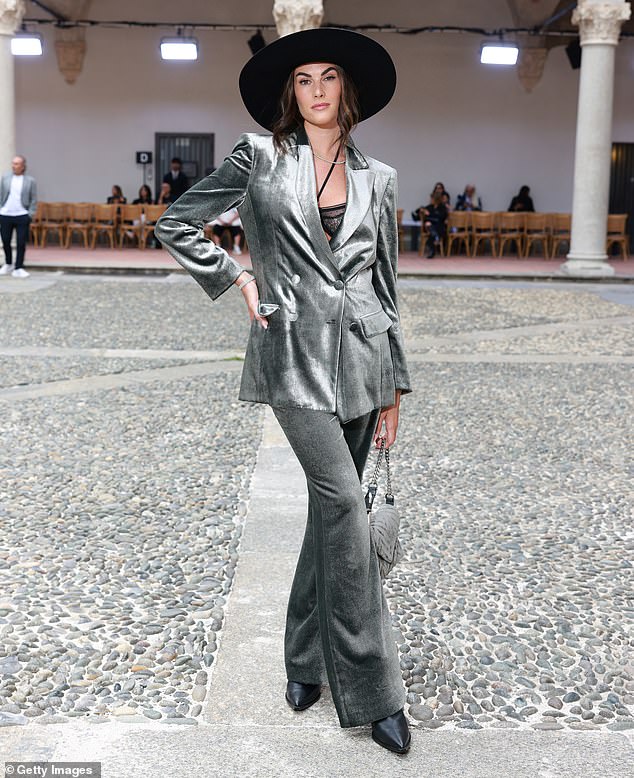 Wow: Francesca Sofia Novello sported a black mesh bra under a bold gray velvet blazer and flared pants.