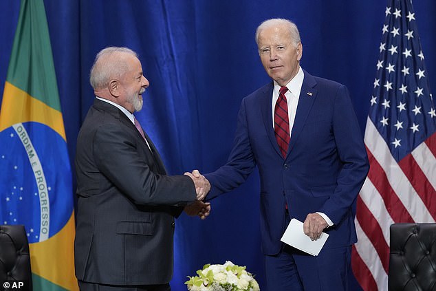 President Joe Biden (R) was later asked about the ongoing United Auto Workers strike during his meeting with Brazilian President Luiz Inácio Lula da Silva (L) on the sidelines of the United Nations General Assembly United Wednesday.