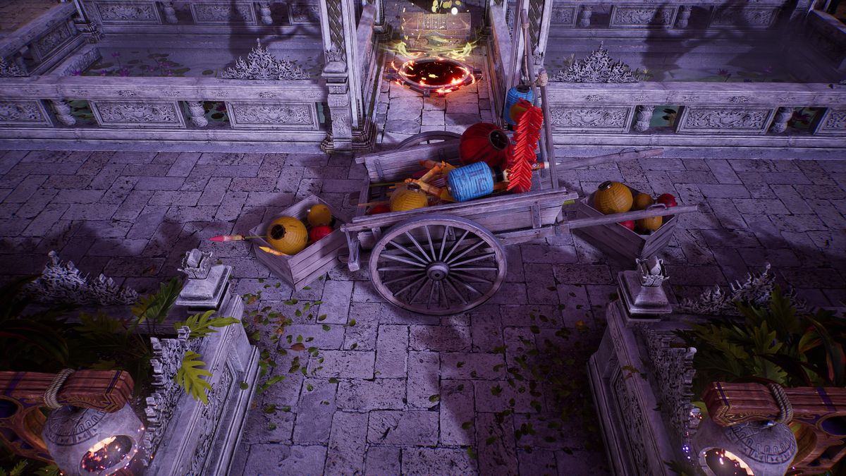 A close-up of a fireworks kart blocking a path in Mortal Kombat 1