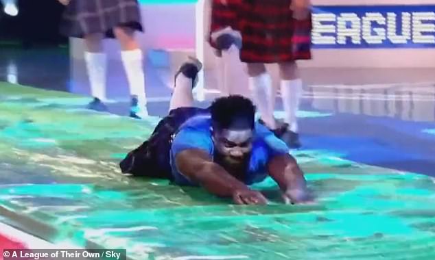 Former England and Man City defender seen sliding on his stomach in hilarious clip