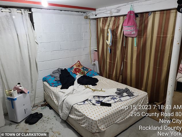 The images show mattresses lined up next to each other throughout the house, including on the concrete floor of the garage and basements.