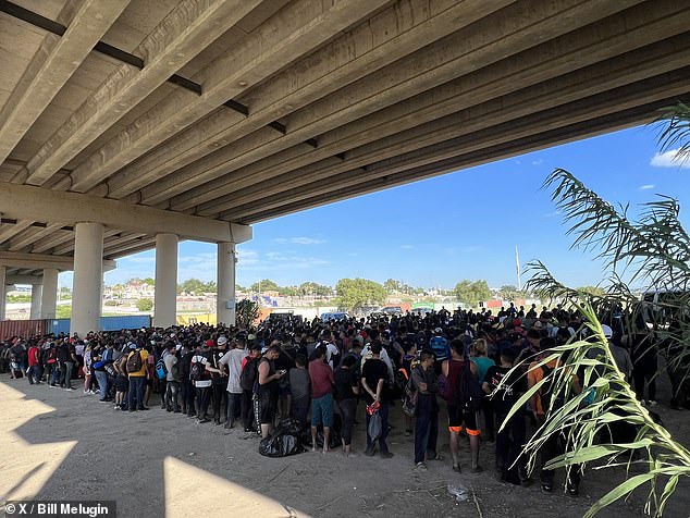 Eagle Pass is one of the border towns crushed in recent months by the influx of migrants.  Pictured: Thousands of migrants at Eagle Pass on September 20