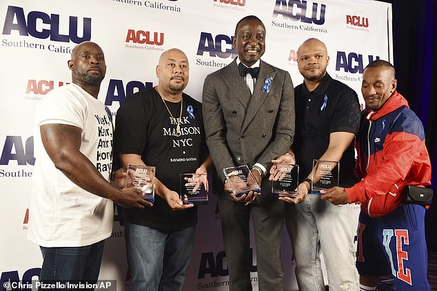 From left, honorees Antron McCray, Raymond Santana, Yusef Salaam, Kevin Richardson and Korey Wise pose together at the 25th Annual ACLU SoCal Luncheon at the JW Marriott at LA Live on Friday, June 7, 2019.