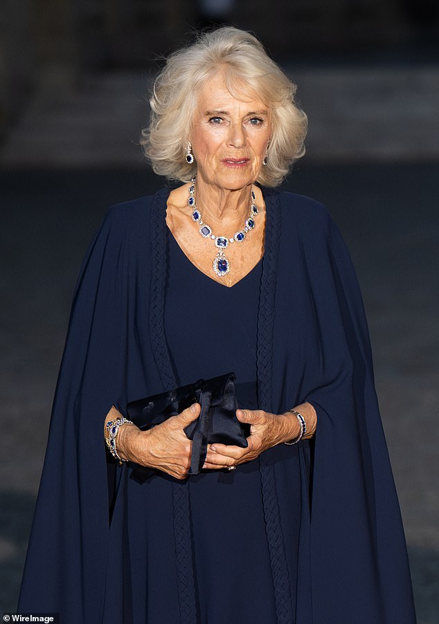 In a lovely tribute to her host country at the state banquet, Queen Camilla (pictured), 76, opted for a design from one of her favorite London fashion houses.