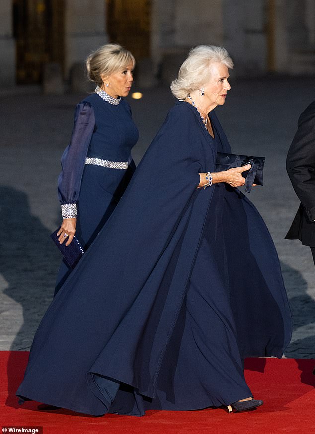 Instead, Queen Camilla (pictured) wore France's most synonymous fashion house, and the same designer her hostess, First Lady Brigitte Macron, 70, called - Dior