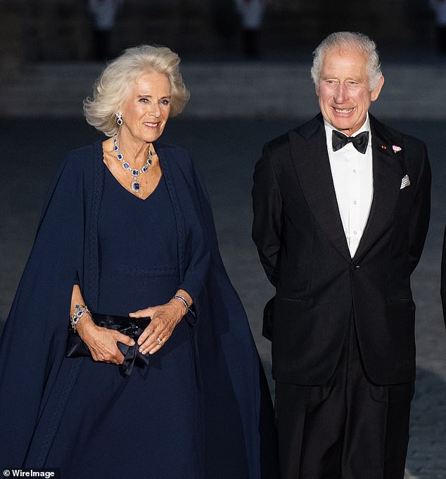 Much like Brigitte's sheer sleeve on her long Dior dress with a bejeweled collar, Camilla's cape allowed for a flattering flash of flesh without revealing too much.