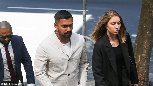 The cricket star (pictured, centre, outside Sydney court) has pleaded not guilty to a charge of sexual assault without consent.