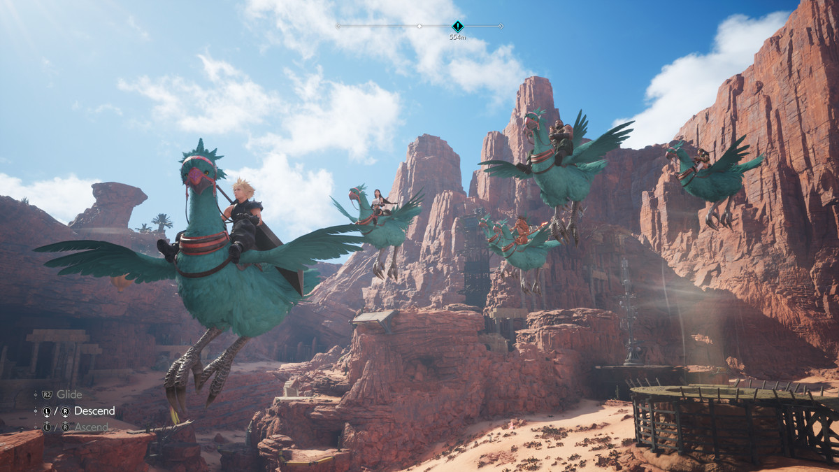 Cloud and his friends fly through a canyon landscape on turquoise chocobos in Final Fantasy 7 Rebirth