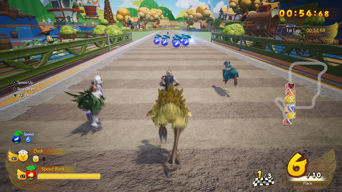 Cloud races a chocobo in a brightly colored Mario Kart-style racing game in Final Fantasy 7 Rebirth