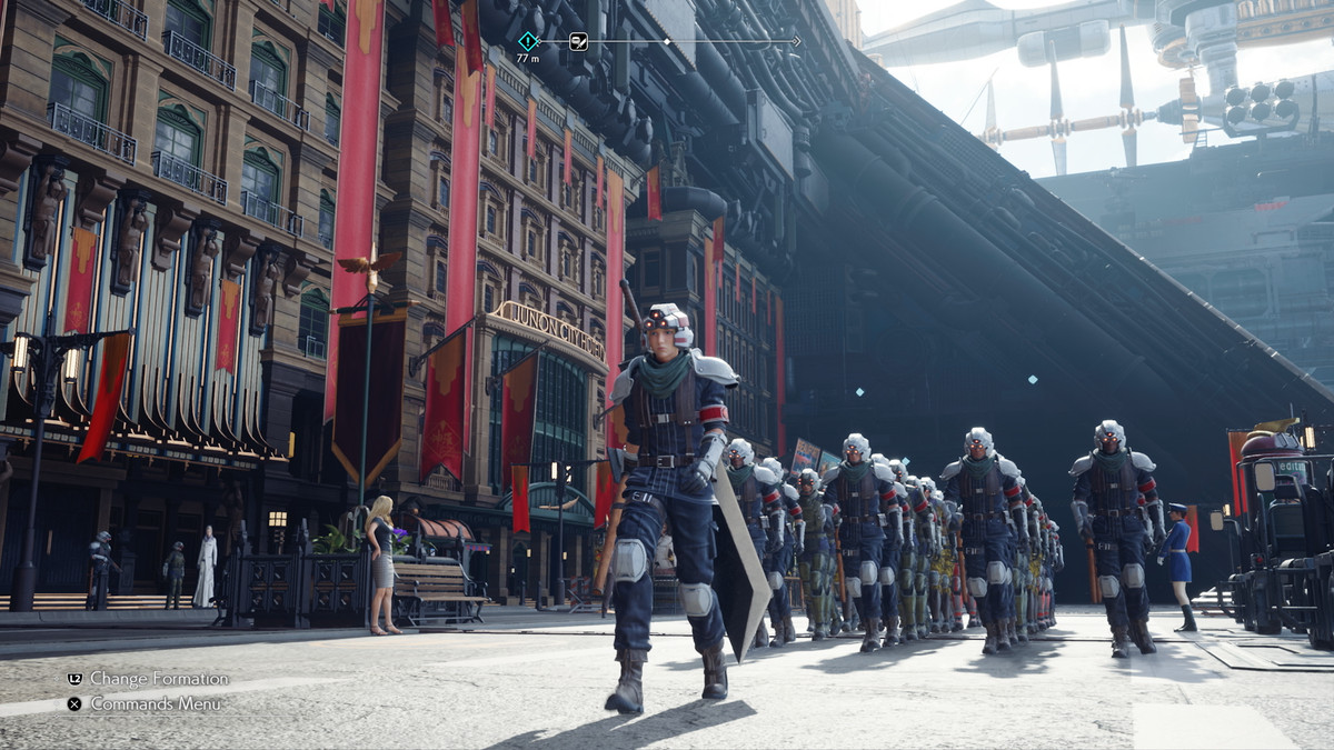 Cloud, disguised in uniform, walks with a formation of soldiers in Final Fantasy 7 Rebirth