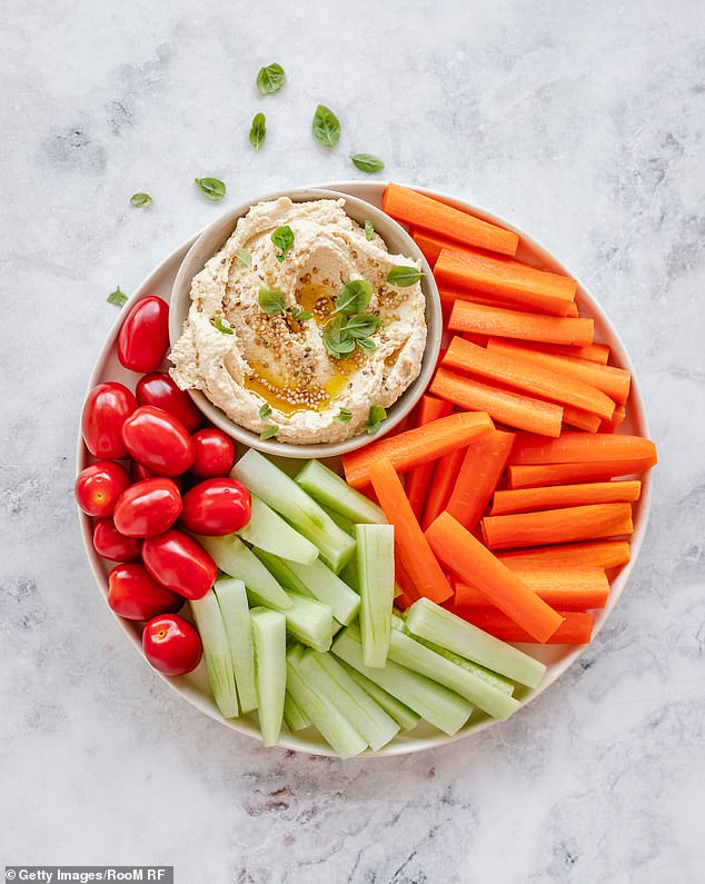 Make lunchtime fun by offering dips with raw vegetables: anything you have in the fridge, like carrot and celery sticks, sugar snap peas or baby tomatoes