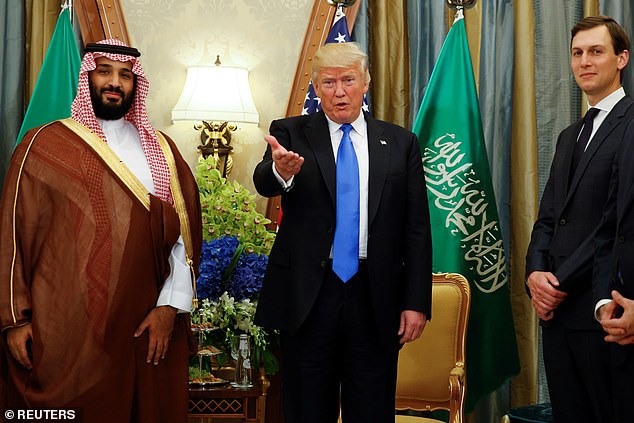 Six months after Trump left the White House in 2020, his son-in-law and former senior adviser Jared Kushner secured a $2 billion investment from the Saudi Public Investment Fund (PIF), led by MbS.  (Image: MbS with Trump and Kushner in 2017)