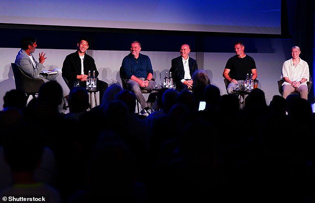 The Tottenham Hotspur Fan Forum was attended by 250 supporters, with guest speakers including Postecoglou (middle) and skipper Son Heung Min (pictured, second left)