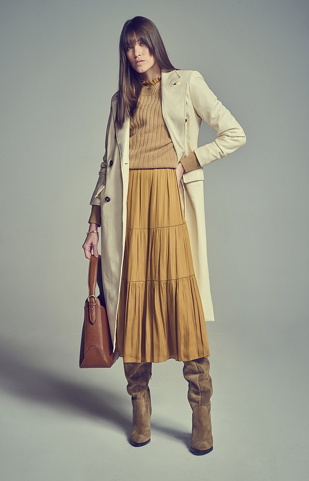 Coat, £149, Anthropologie;  jumper, £55, John Lewis;  dress, £159, Hobbs;  boots, £199, Mint Velvet;  bag £395, Aspinal Of London