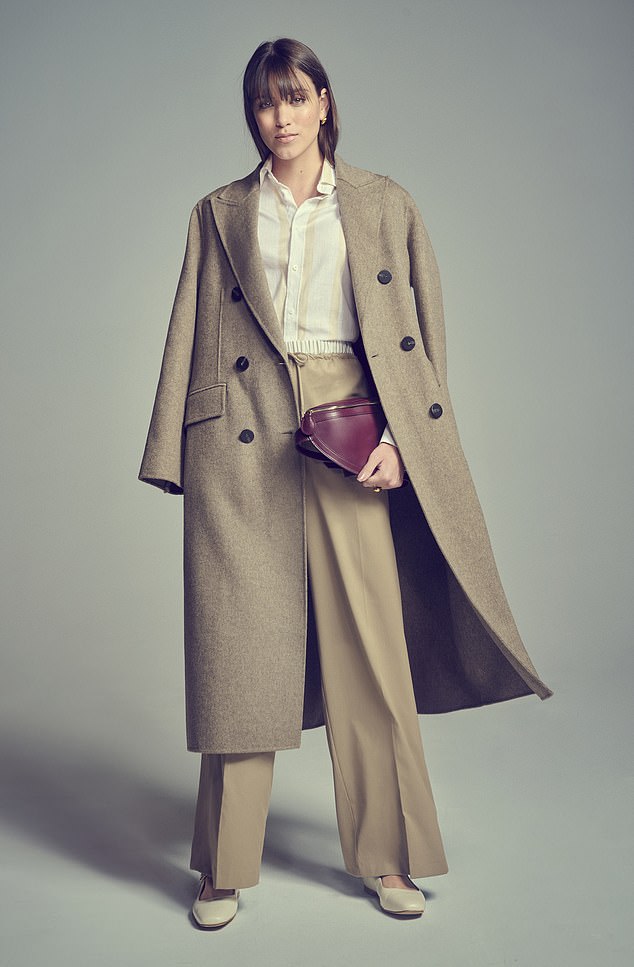 Coat, £249, Massimo Dutti;  shirt, £95, with nothing underneath;  trousers, £35.99, Zara;  shoes, £59, John Lewis;  bag, £229, LK Bennett