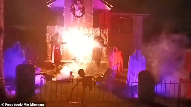 The decorations also feature flashing lights at night and spooky organ music with a flamethrower that once radiated fire from Jesus' body until he realized this violated a burn ban.