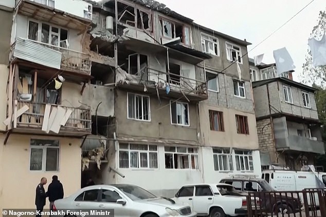 Nagorno-Karabakh shared a photo reportedly showing damaged apartment buildings in Stepanakert after the offensive by Azerbaijan