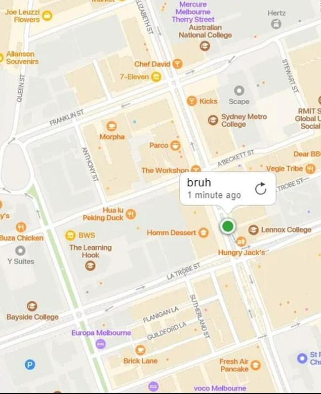 Using Apple's Find My iPhone feature, the university student tracked her phone - which she nicknamed 'Bruh' - to Melbourne's CBD