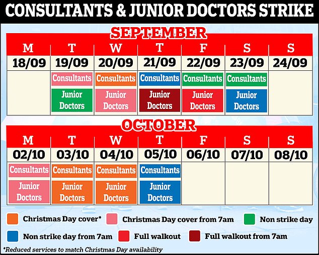 Consultants in England have joined the picket lines on four separate days so far this summer, while junior doctors have staged 19 days of strike action this year.  Both will return to the picket lines together on October 2, 3 and 4.  Radiographers will also join medics in walking out for 24 hours from 8am on October 3.  The strike days also coincide with Rishi Sunak's first Tory party conference as leader.  and Prime Minister