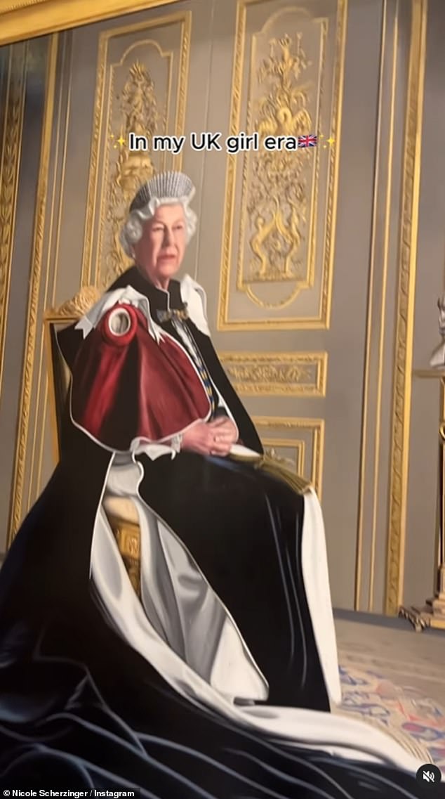 Getting into the spirit: She also shared a clip of herself looking at a painting of the Queen