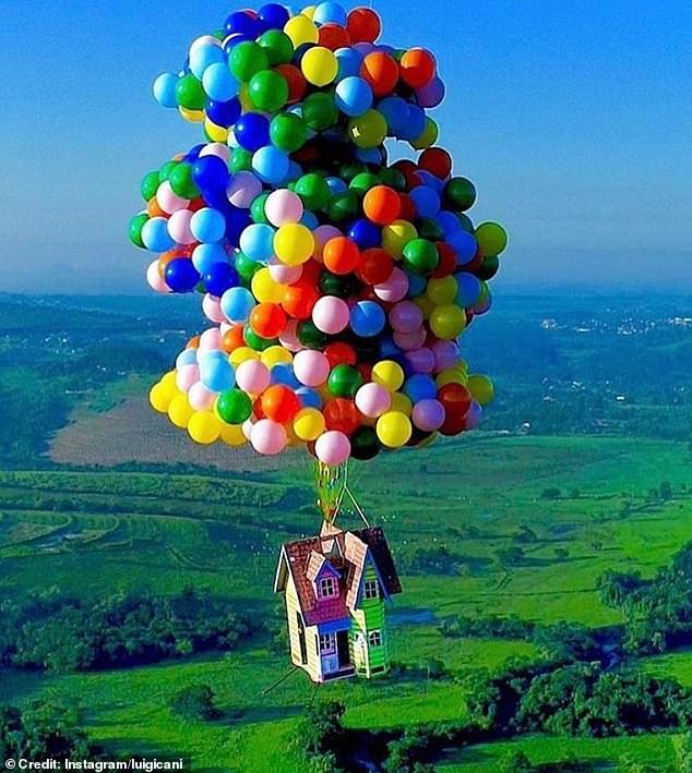 Brazilian stunt performer Luigi Cani has recreated the iconic Disney house using plywood and an abundance of helium balloons