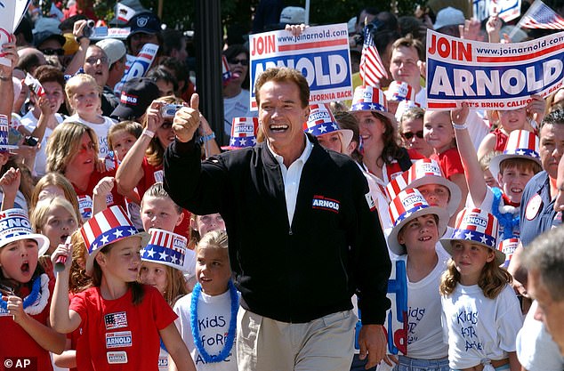 Allegations: Richardson made these claims in a 2003 interview when Schwarzenegger was running for governor of California (pictured at a campaign rally)