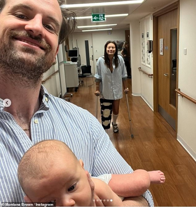 Injury: The influencer told how she has been 'horizontal all day every day' since suffering an unspecified injury (pictured with fiancé Mark O'Connor)