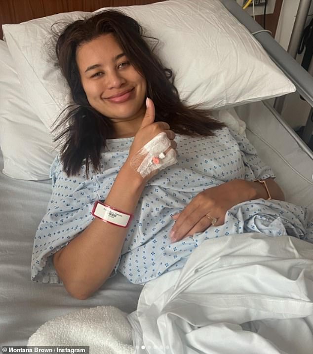 Recovery: The reality star shared photos of herself lying in her hospital bed after her surgery on Monday