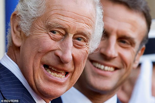 The king (photo, left) beamed during his meeting with the French president (photo, right) earlier today