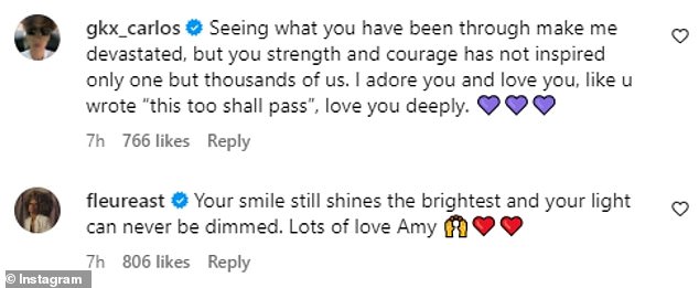 Emotional: A slew of Amy's close friends from Strictly flooded her post with touching comments, promising she would overcome her battle with the disease